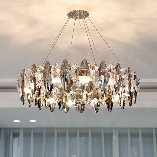 lustre moderne en cristal avec led et suspensions ronds