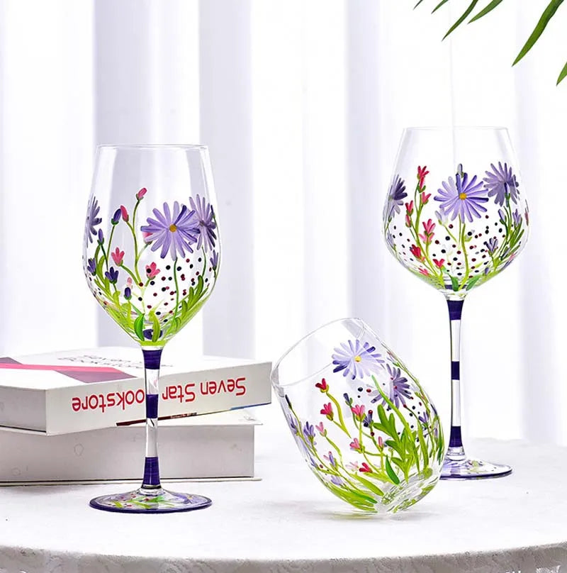 Verres à vin cristal peints main motif floral - vue 3 sur 7