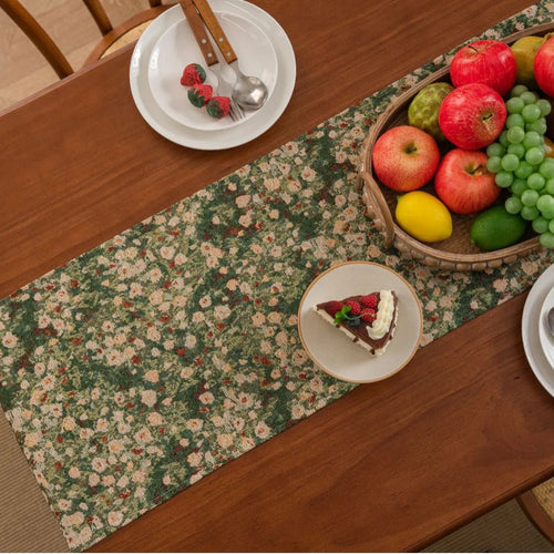Chemin de table jacquard vert floral style campagne
