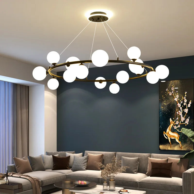 lustre moderne en verre mat avec anneau noir et fil réglable - vue 2 sur 14