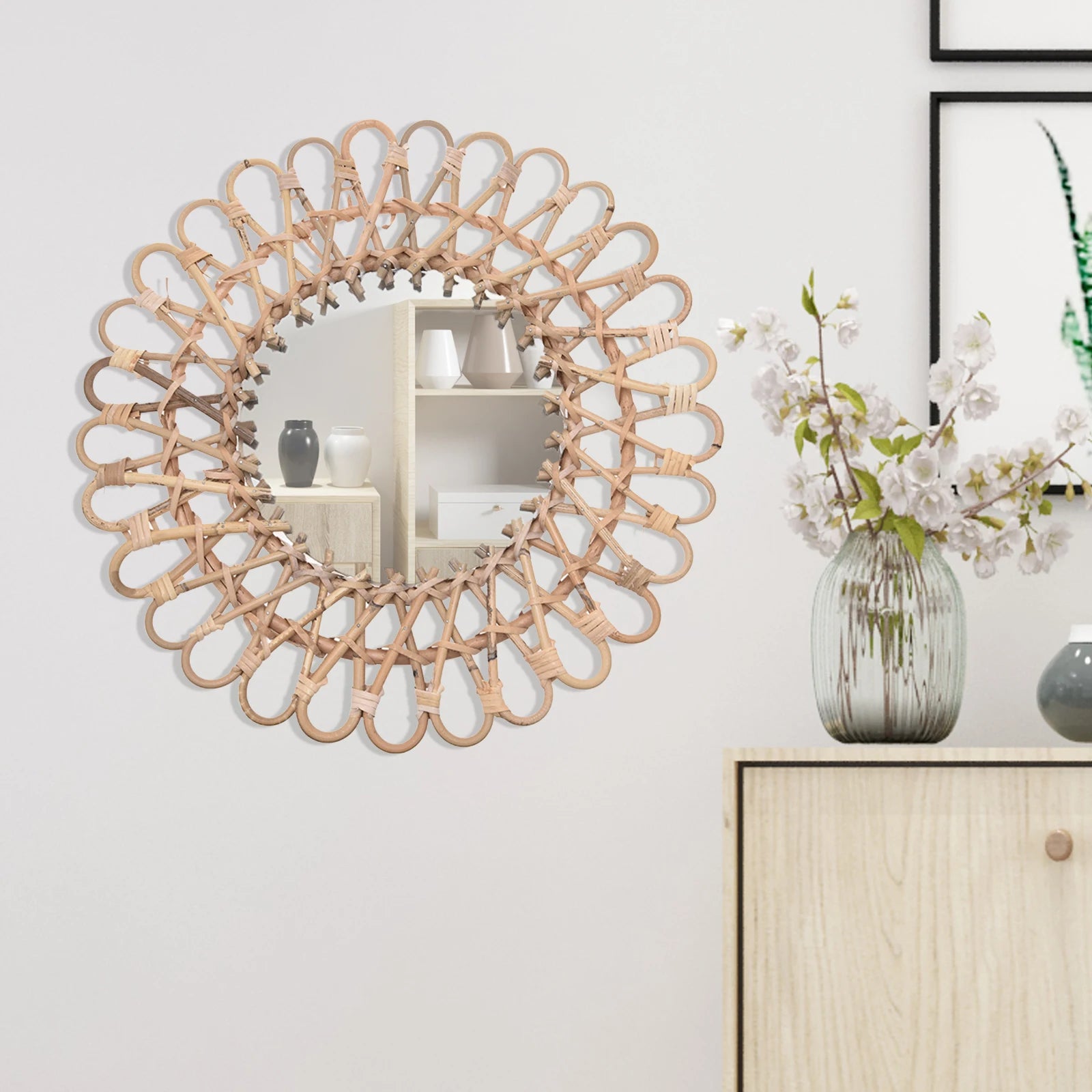 miroir mural rond en rotin au design nordique élégant - vue 5 sur 6