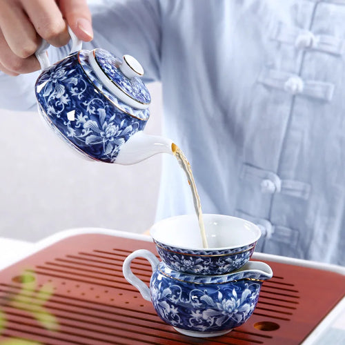 Théière chinoise porcelaine motif traditionnel portable artisanale