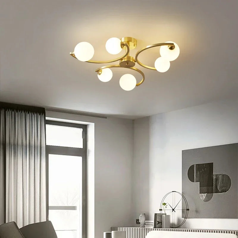 plafonnier moderne en cuivre doré avec boule de verre et led - vue 5 sur 10