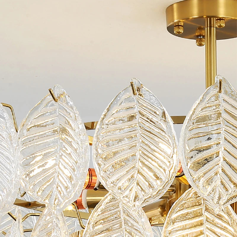 lustre moderne en verre suspendu avec décoration de feuilles