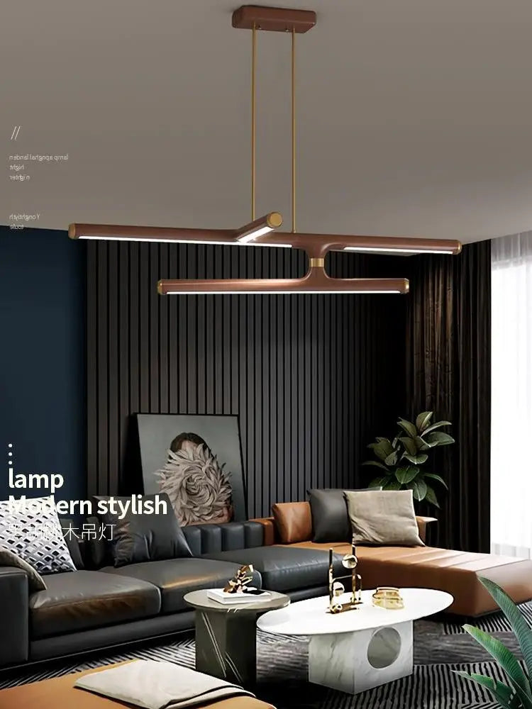 Éclairage de salon nordique créatif tout en cuivre lumière LED moderne de luxe Simple noyer noir en bois massif lustre de salle à manger - vue 6 sur 13