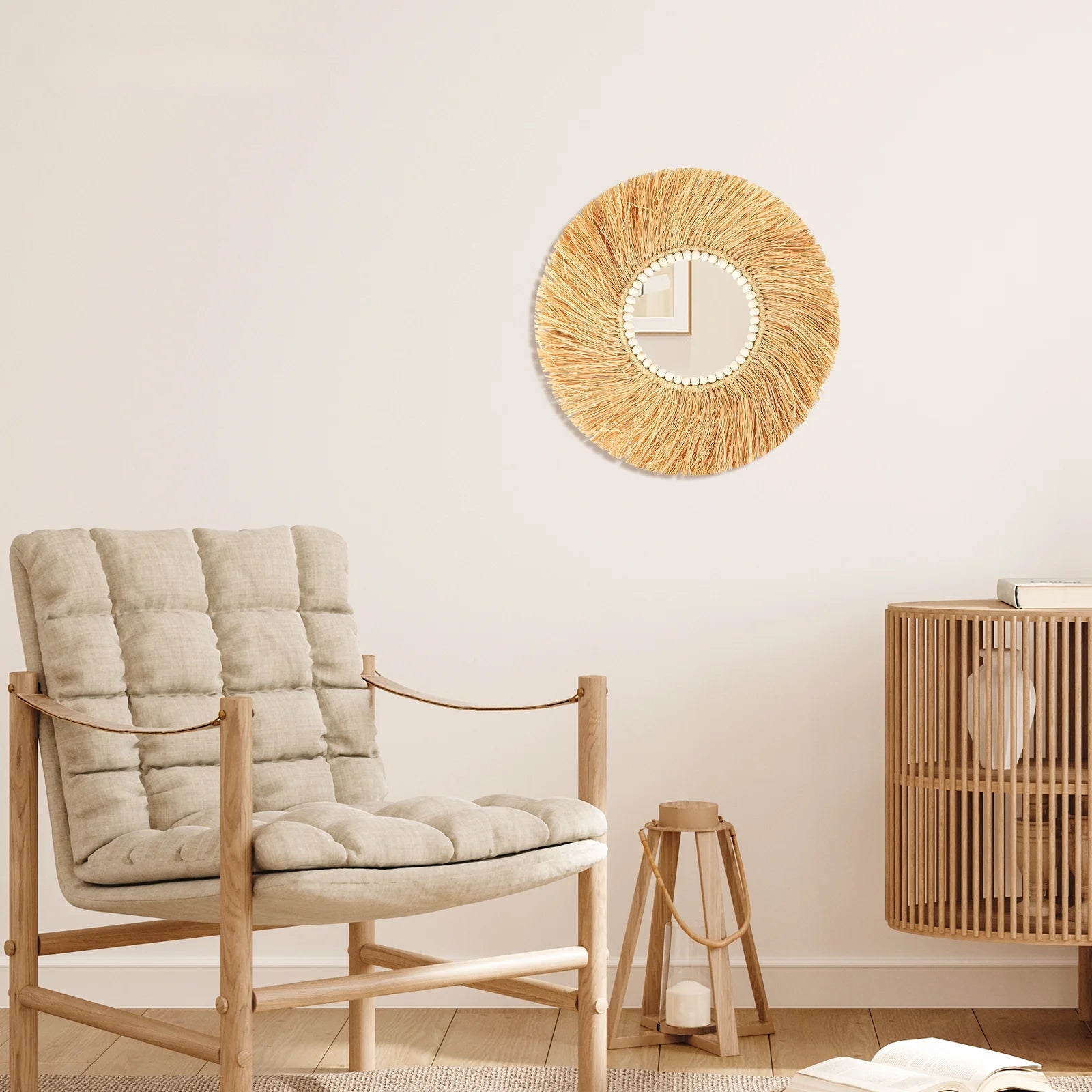 miroir décoratif en perles de bois de raphia fait main style bohème - vue 4 sur 6