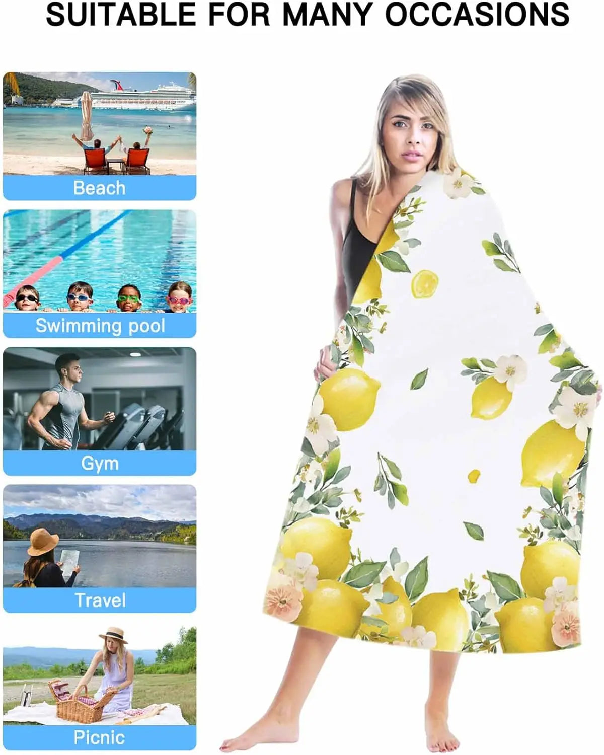 Serviette de bain microfibre citron floral plage absorbante - vue 2 sur 6