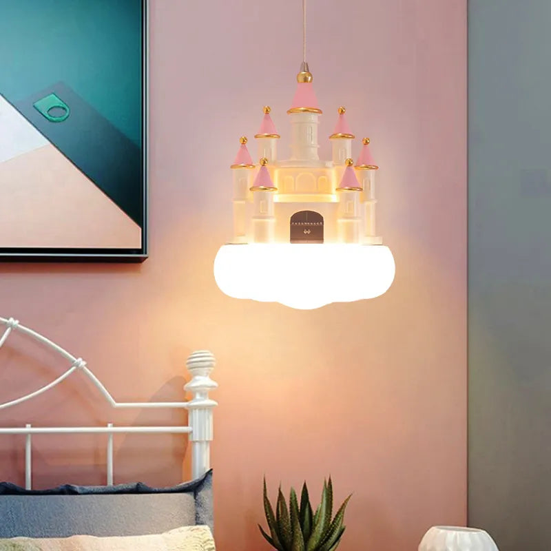 SANDYHA Lustre Chambre de Fille Château Rose Suspension Nuage Chambre d'enfant Décoration de la Maison Chevet LED Luminaire Suspendu