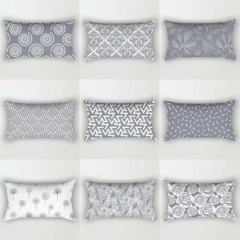 housse de coussin rectangulaire gris motif géométrique décoratif