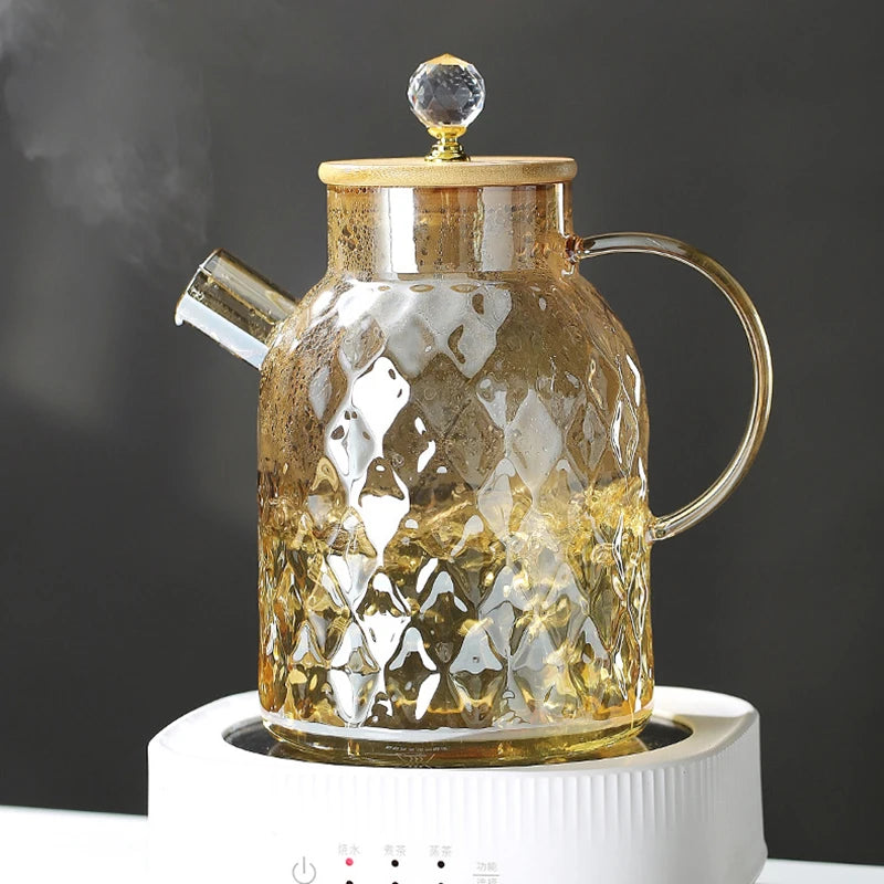 Bouilloire verre couvercle bambou filtre amovible infusions