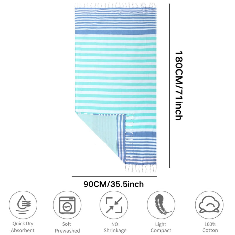 serviette de plage turque coton rayures pompons legere