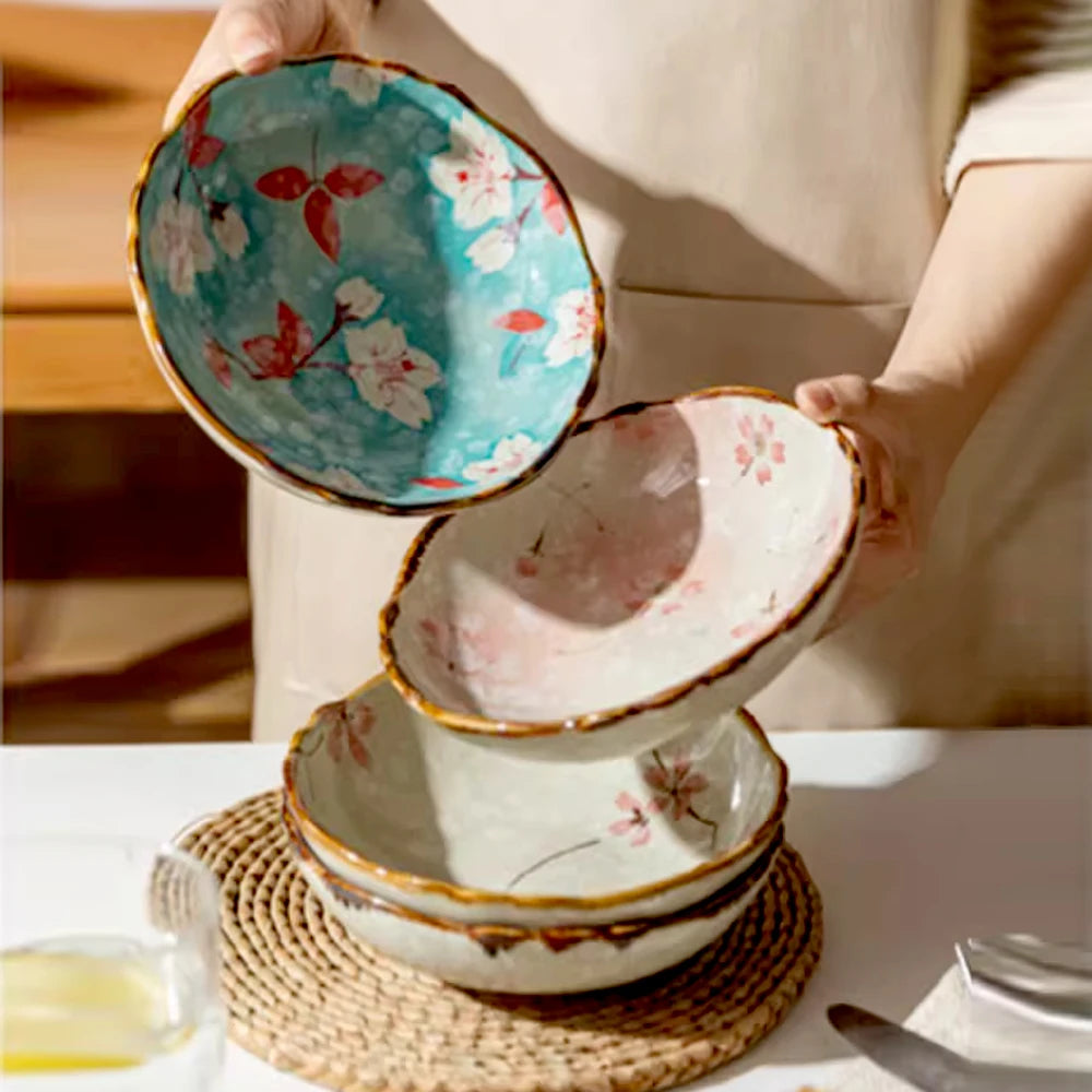 Assiettes plates profondes céramique style japonais floral 18cm - vue 2 sur 6