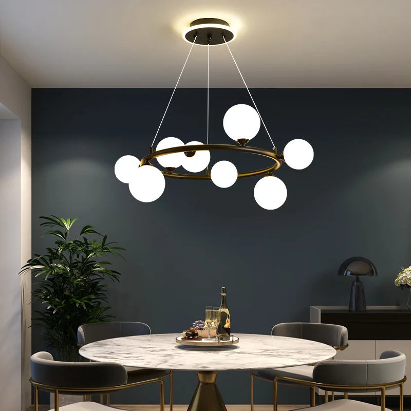 lustre moderne en verre mat avec anneau noir et fil réglable - vue 4 sur 14