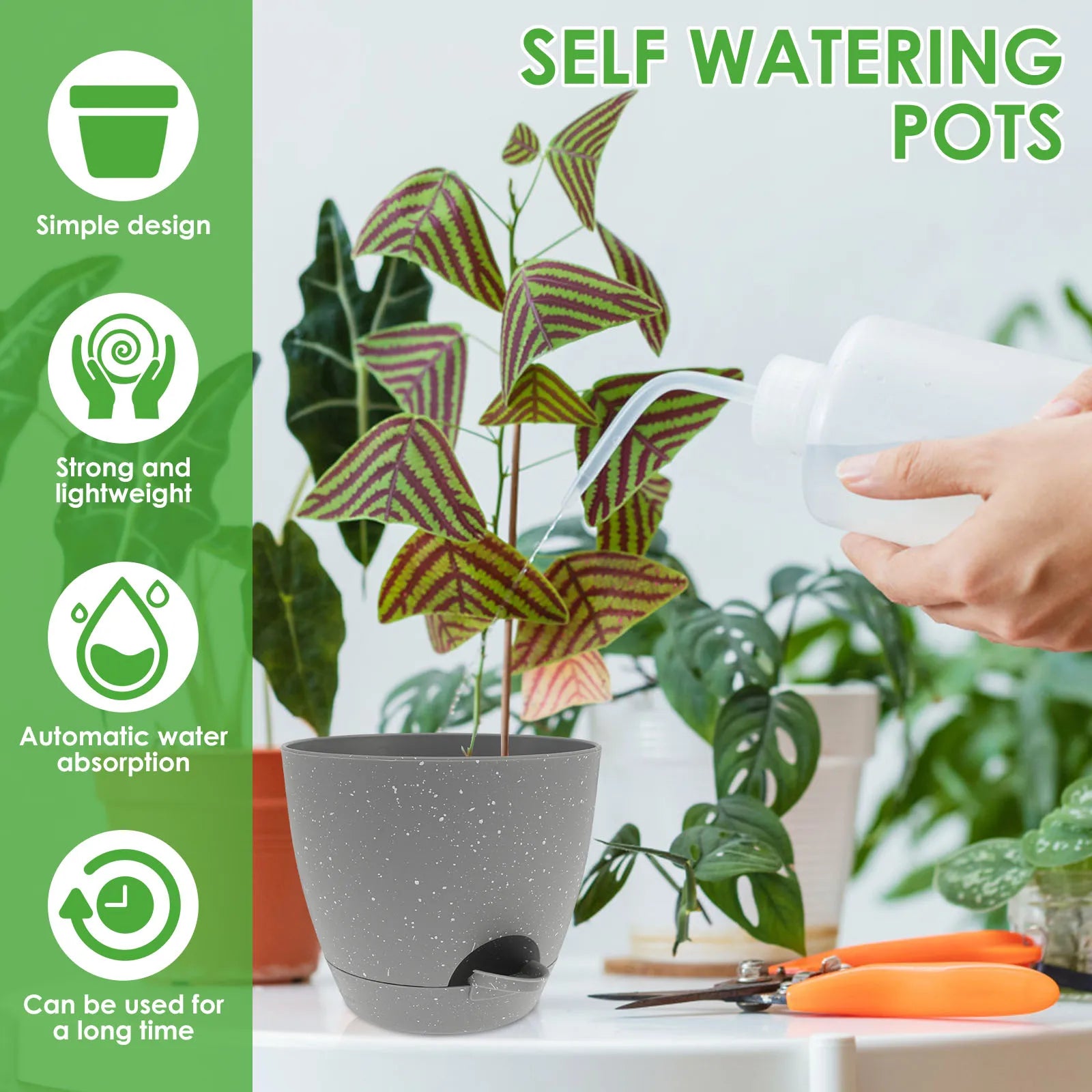 lot de 3 pots de fleurs auto-arrosants en plastique avec réservoir intégré - vue 4 sur 8
