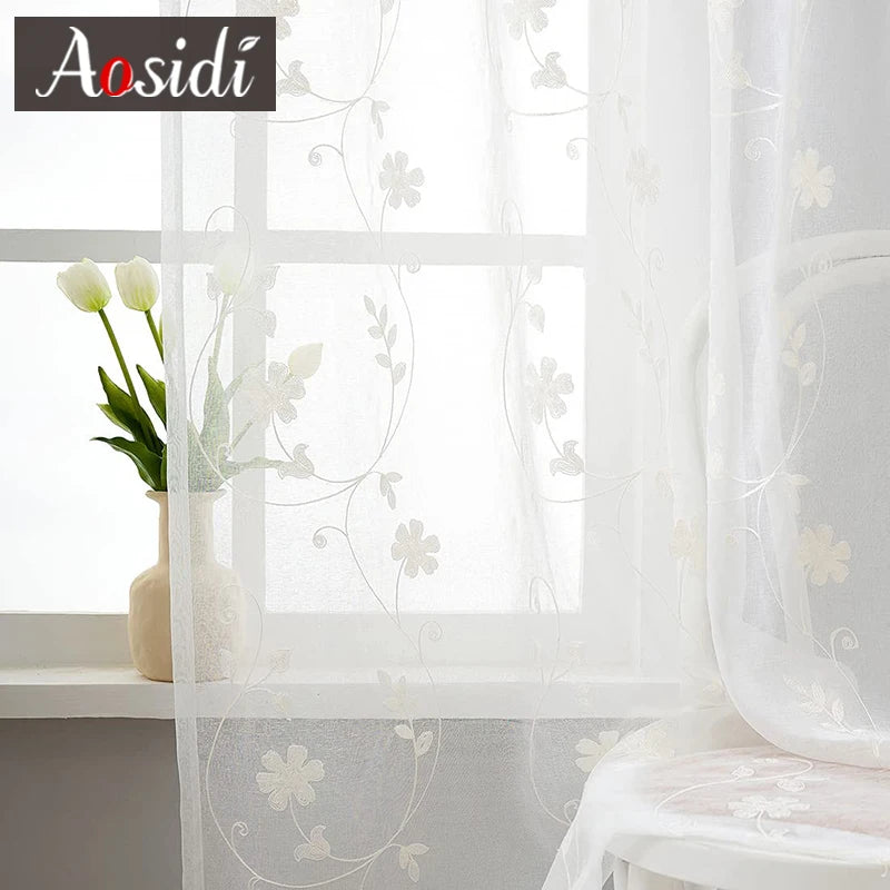 Voilage tulle brodé floral léger pour salon chambre