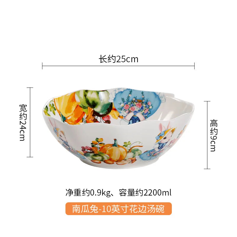 Assiette ceramique motif citrouille lapin style jardin