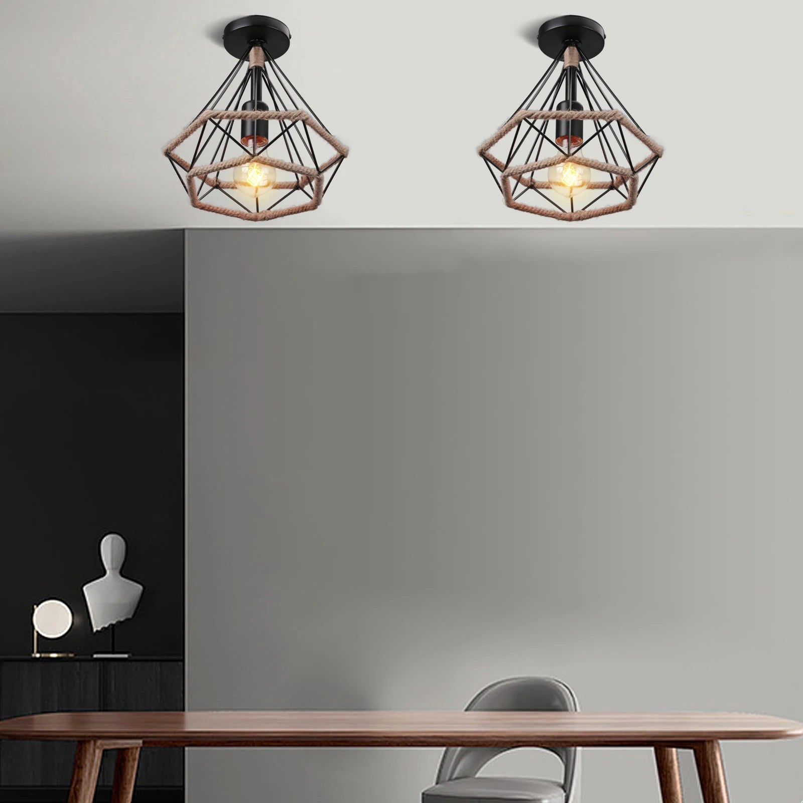 Plafonnier rétro en métal avec Cage en fer et corde de chanvre pour intérieur d'allée - vue 4 sur 14