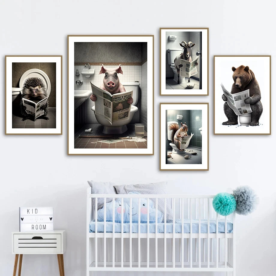 décoration murale humoristique animaux lisant le journal toilettes - vue 3 sur 7