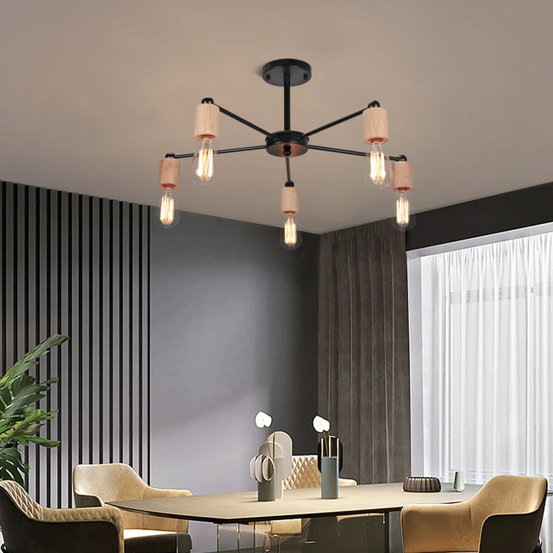 lustre industriel moderne avec tiges multiples en fer et bois