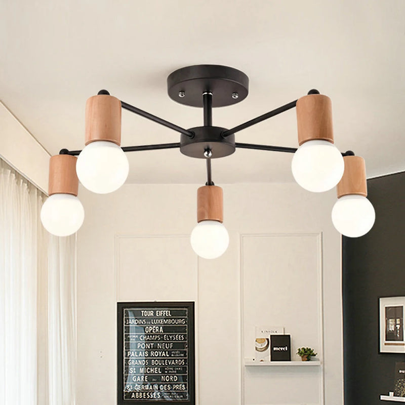 lustre industriel moderne avec tiges multiples en fer et bois