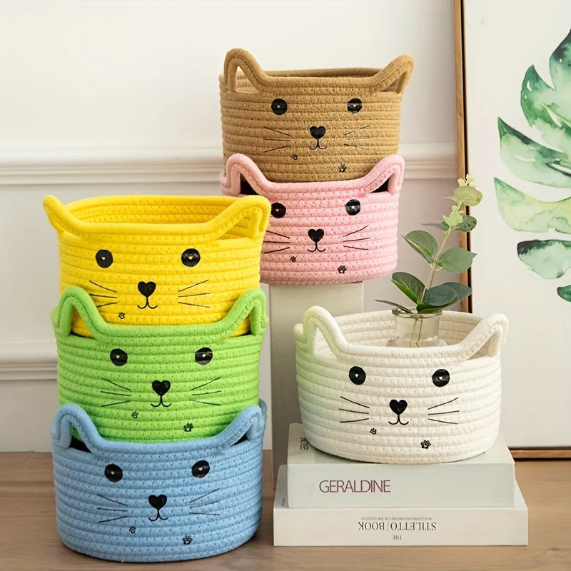 panier de rangement en coton tissé visage de chat adorable - vue 2 sur 11