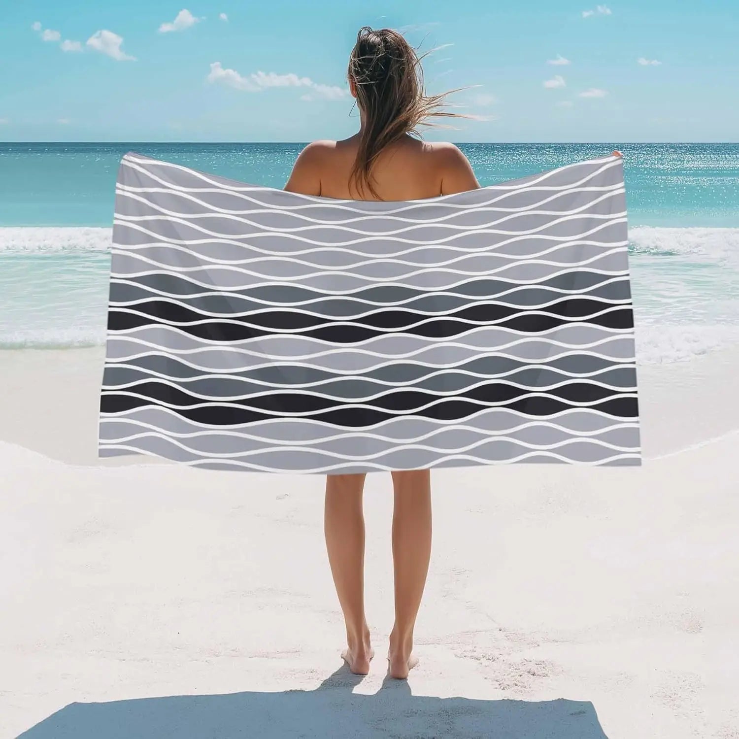 Serviette de plage motif vagues abstraites absorbante rapide - vue 2 sur 6