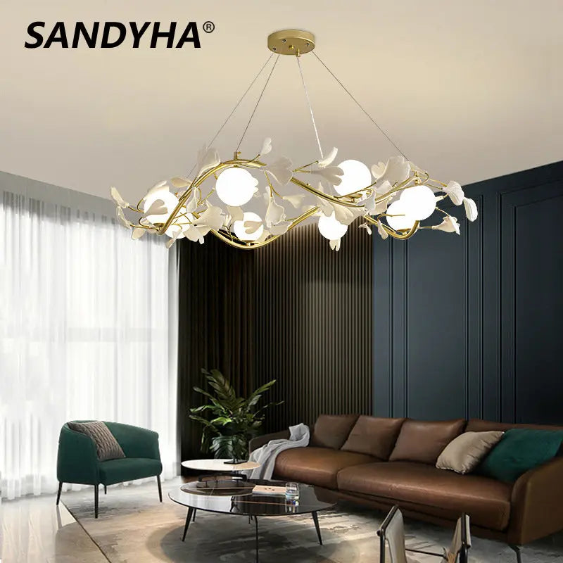SANDYHA Moderne Fleur Branche Lustre Surround Boule De Verre Anneau Suspension Lumière Led pour Salon Salle À Manger Chambre Lustre Salon