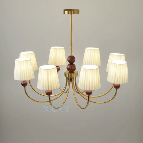 lustre led vintage américain en tissu plissé et bois wabi-sabi