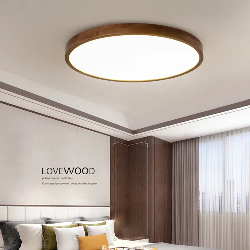 Plafonnier en noyer chinois lampe de plafond ronde en bois Ultra-mince lustre nordique chambre lampe d'étude balcon couloir éclairage - vue 3 sur 5