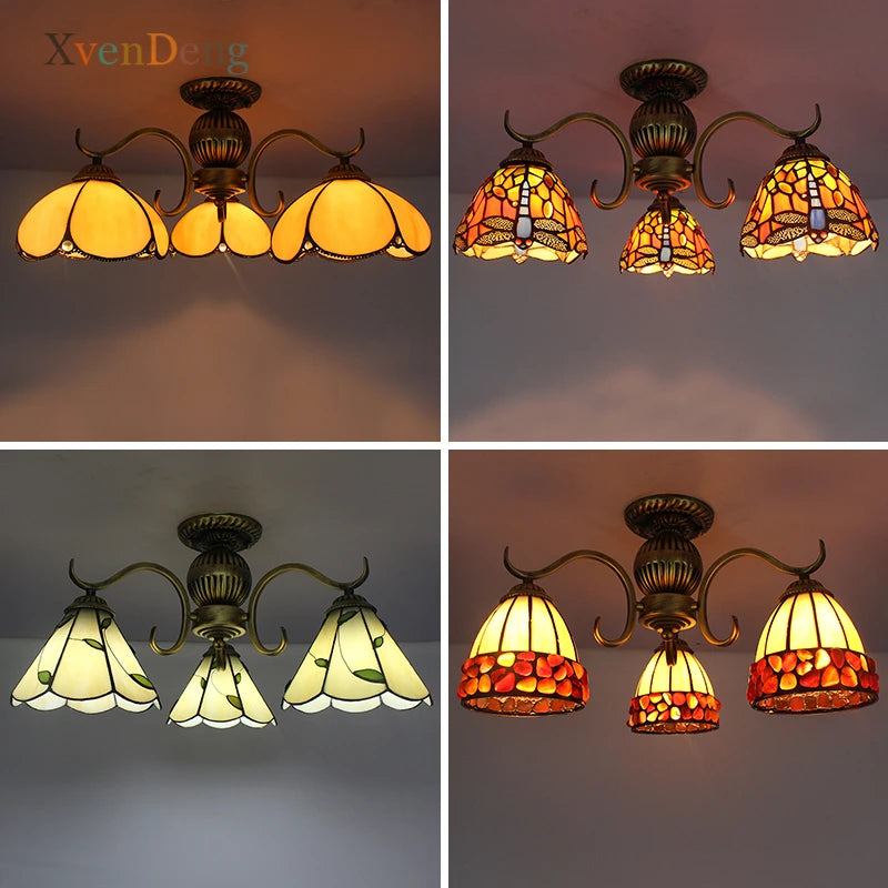 Tiffany Vitrail Plafonniers pour Salon Chambre Bar Salle à manger Décor À La Maison Vintage Fer LED Plafonniers Luminaires