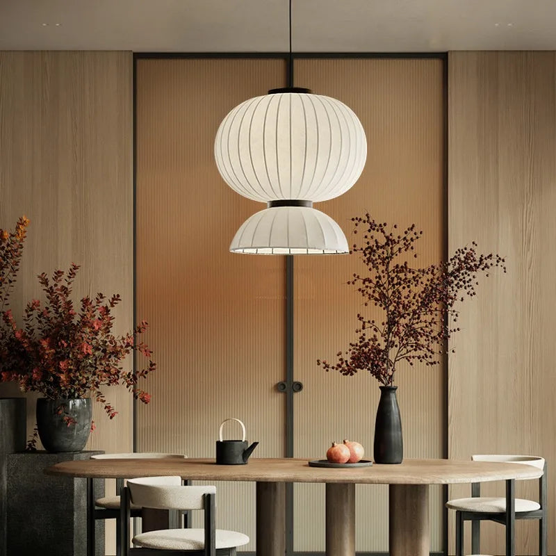 Lustre boule ovale en tissu style soie japonaise design - vue 6 sur 8