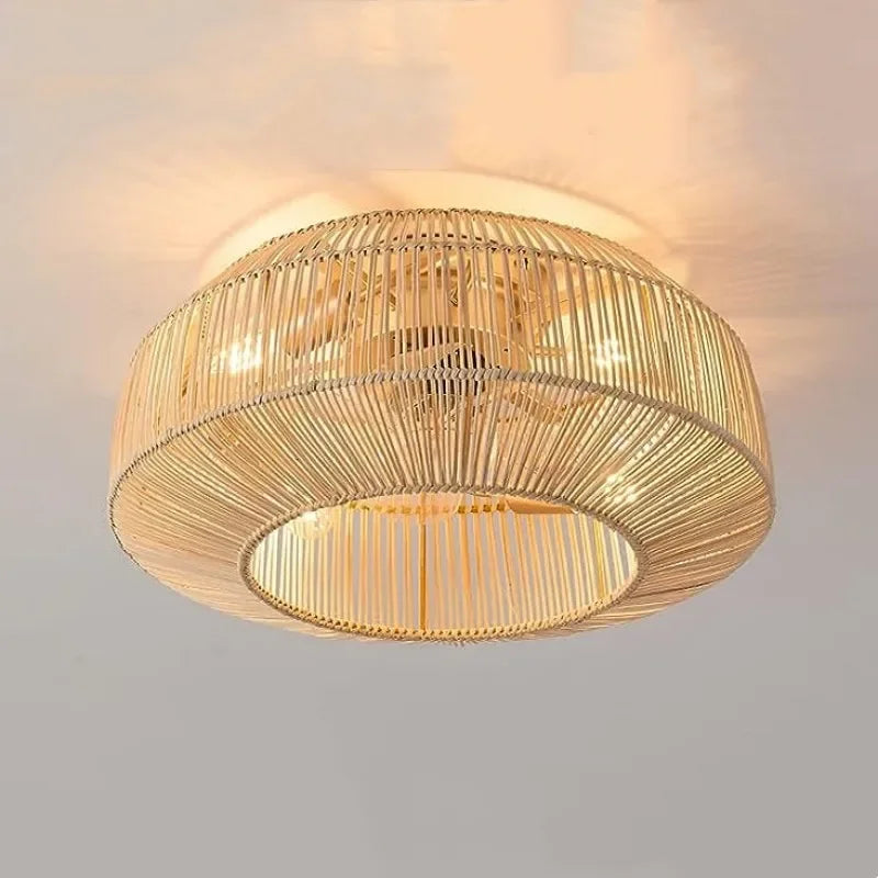 plafonnier ventilateur industriel avec lumière en bambou - vue 4 sur 7