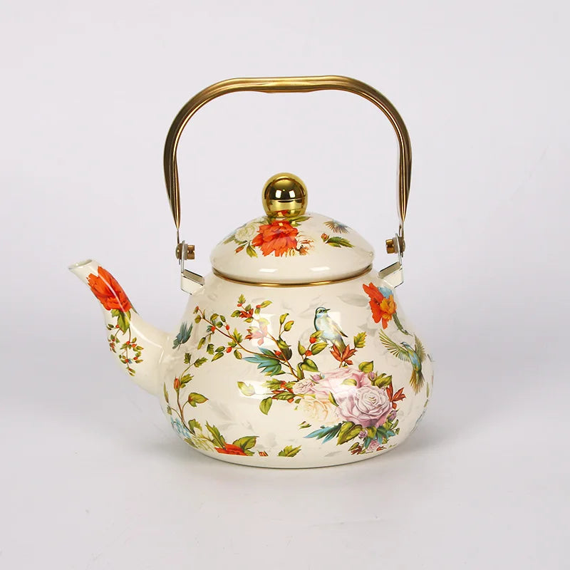Bouilloire émail vintage motif floral poignée dorée 15l