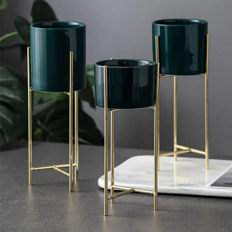 pot de fleurs en céramique nordique avec étagère en métal décorative
