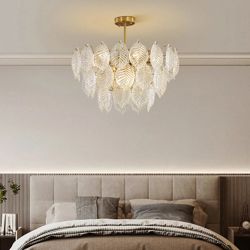 lustre moderne en verre suspendu avec décoration de feuilles