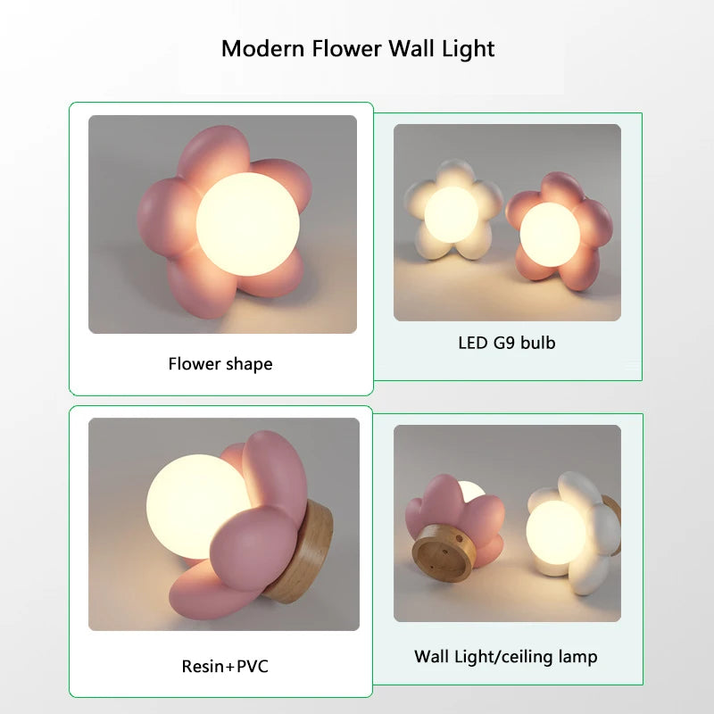 Applique murale fleur enfants blanc rose résine décoration intérieur chambre chevet - vue 6 sur 10