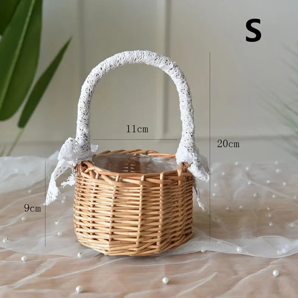 panier en rotin naturel tissé à la main pour mariage décoratif avec dentelle - vue 4 sur 7