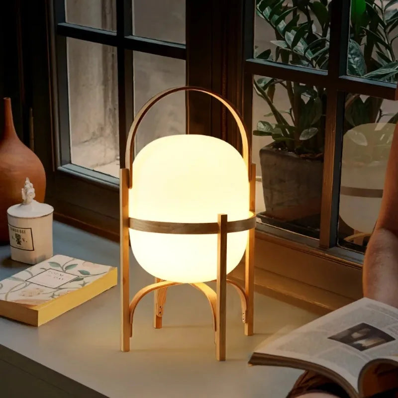 lampe de table nordique portable en verre avec panier en bois