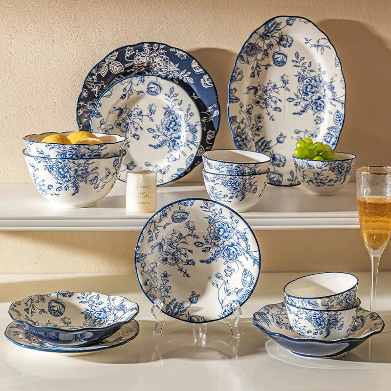 Service assiettes ceramique vintage motif fleurs champetre