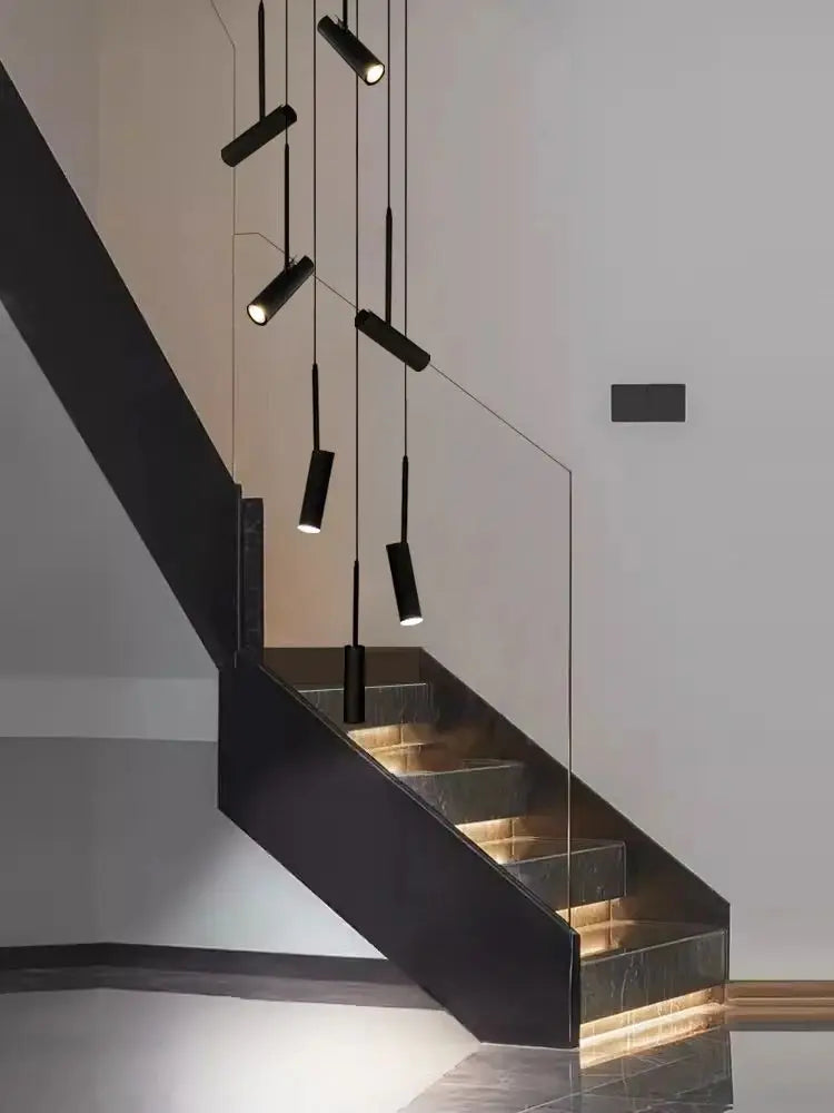 Led cylindrique spot suspension design moderne Restaurant éclairage noir blanc minimaliste escalier Long lustre - vue 7 sur 14
