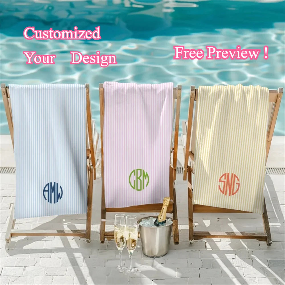 serviette de plage personnalisée rayures style preppy monogramme - vue 2 sur 6