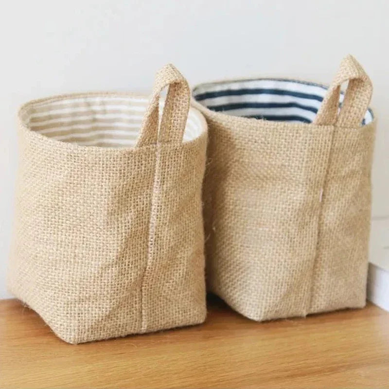 panier de rangement en coton et lin avec poignée - vue 7 sur 16