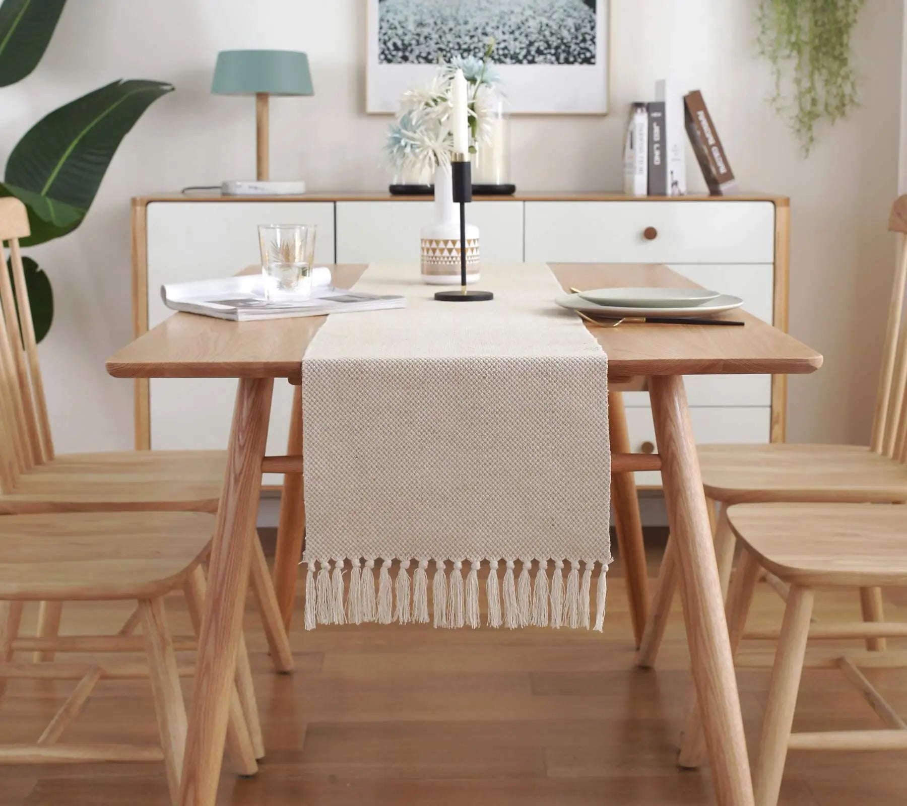 Chemin de table en lin brodé rustique beige - vue 6 sur 7
