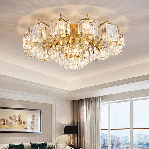 plafonnier moderne en cristal doré avec éclairage led trois couleurs