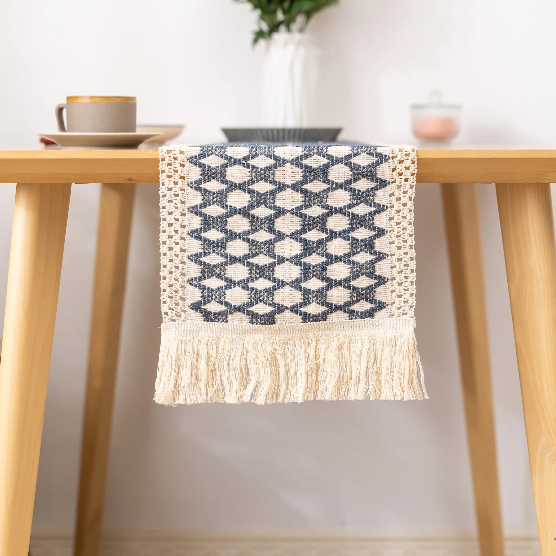 Chemin de table coton lin motif carreaux decoratif - vue 5 sur 5