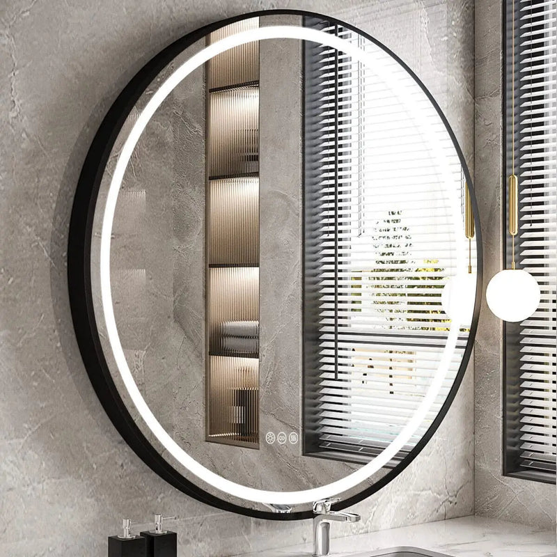 miroir rond éclairé led antibuée intensité variable cadre aluminium verre hd