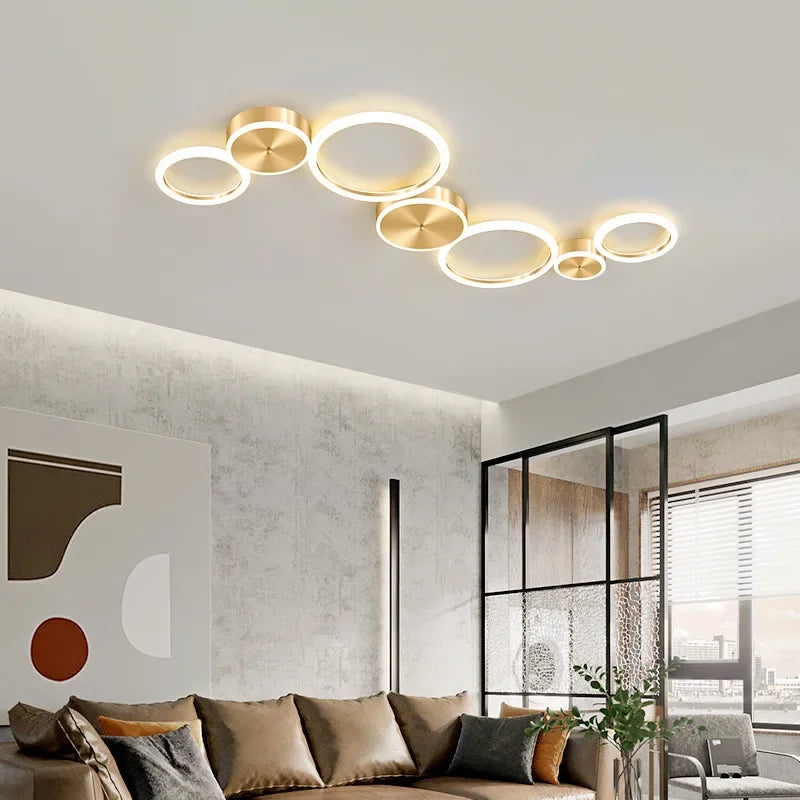 Plafond moderne à LEDs lustre en aluminium Simple plafonnier pour salon chambre salle à manger cercle anneaux plafonnier doré - vue 5 sur 12