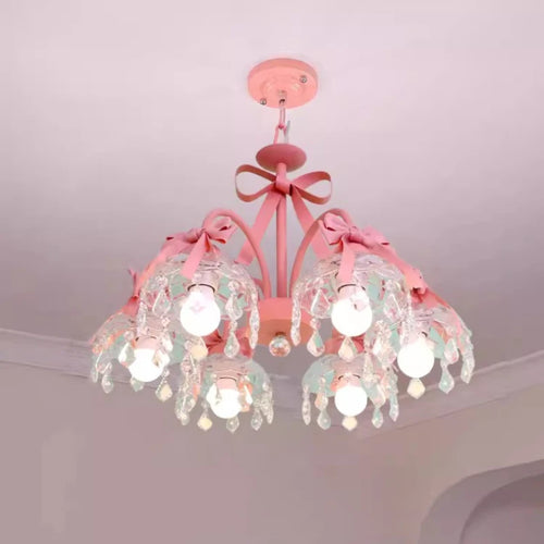 lustre mignon pour chambre de petite fille avec nœud rose en cristal