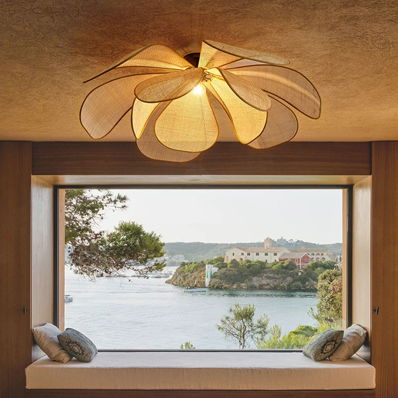 Suspension style Japonais en rotin clair pétale Led cannage - vue 6 sur 12