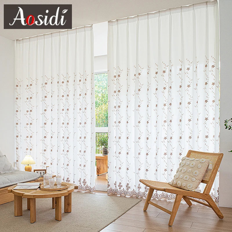 Voilage tulle brodé floral décoratif pour salon cuisine